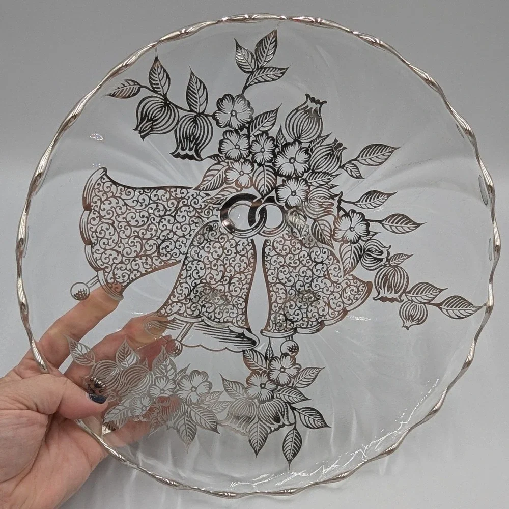 Vintage Glass Cake Stand Silver Overlay Wedding Bells Floral Ruffled 11.5in